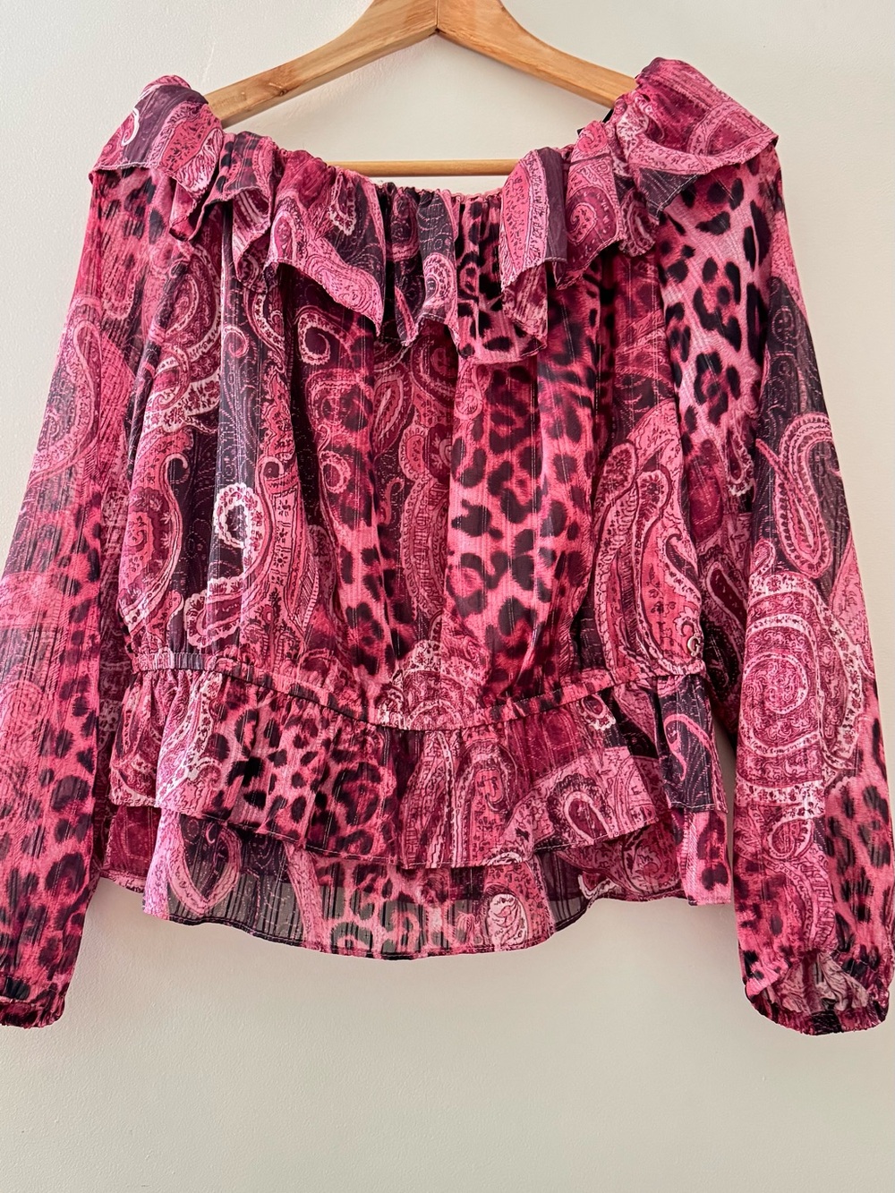 Guess Pink Paisley & Leopard Off-Shoulder Ruffle Blouse